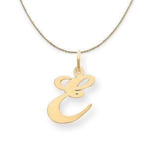 14k Yellow Gold, Ella Med Fancy Script Initial E Necklace - 18 Inch